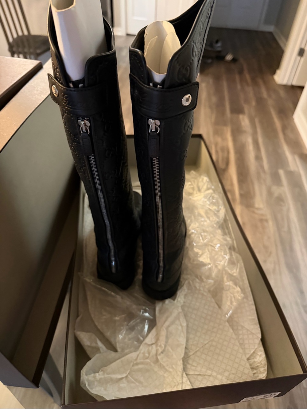 Gucci Black Embossed GG Over-The-Knee Leather Boots size 37 - Picture 2 of 4